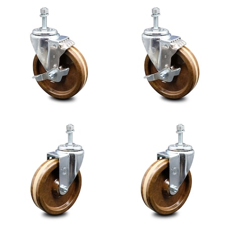 Service Caster 5 Inch High Temp Phenolic Wheel Swivel 3/8 Inch Threaded Stem Caster Brake, 2PK SCC-TS20S514-PHSHT-381615-2-TLB-2